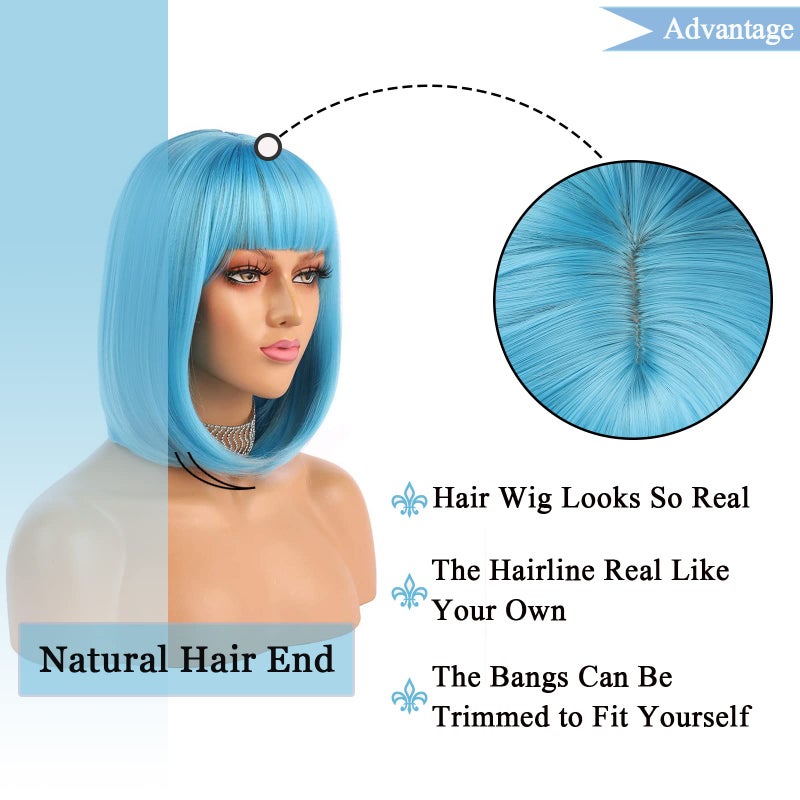 eNilecor Short Bob Hair Wigs 12" Straight with Flat Bangs Synthetic Colorful Cosplay Daily Party Wig for Women Natural As Real Hair+ Free Wig Cap (Blue) - Image 5